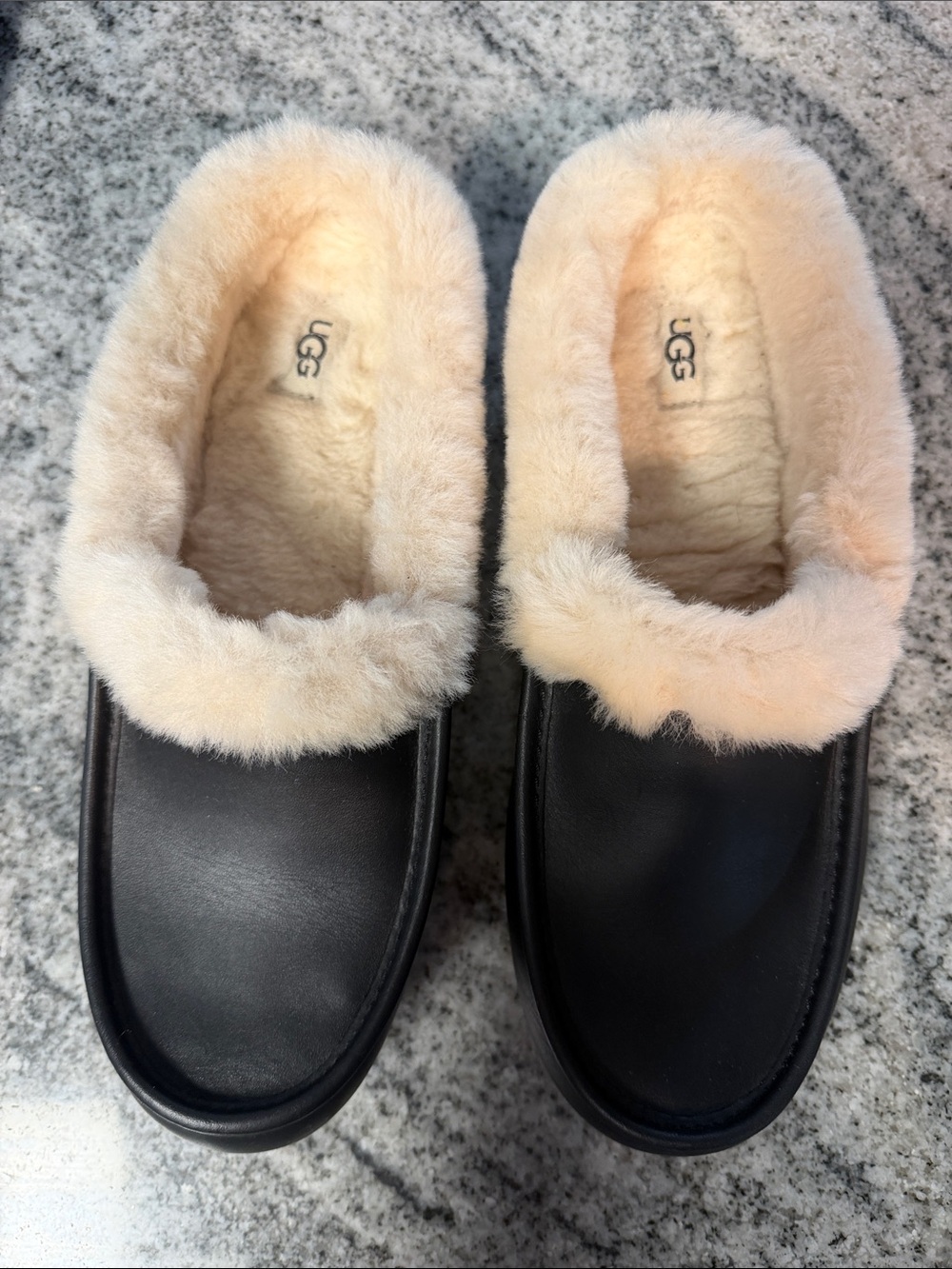 UGG Women's Black Leather Slippers with Cream Shearling Collar